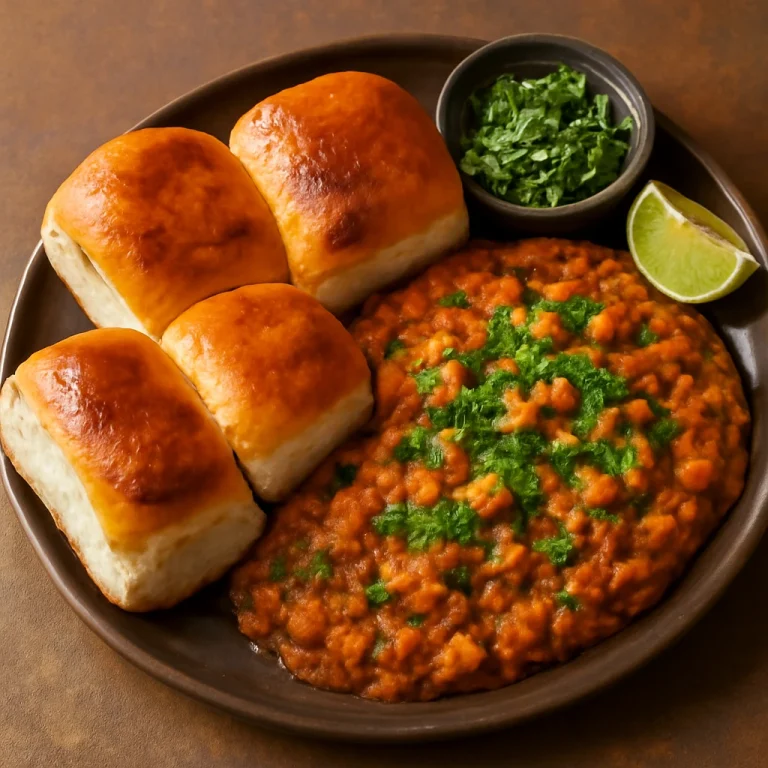 Pav Bhaji jain módra, gazdag zöldséges curry és pirított pav zsömlével tálalva