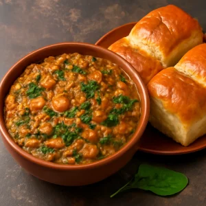 Indiai pav bhaji, gazdag burgonyás szósz spenóttal tálalva
