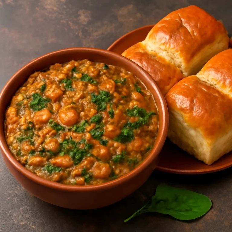 Pav Bhaji spenóttal, egy tálban krémes burgonyás szósz, ropogós zsemlékkel és friss spenóttal
