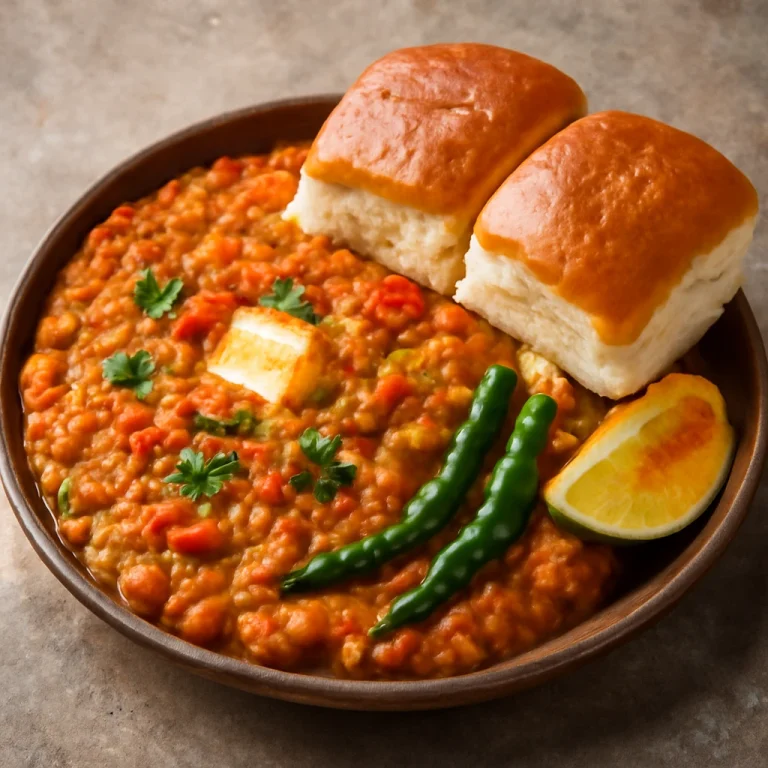 Pav bhaji csípősen tálalva, pirított zsömlével és friss korianderrel