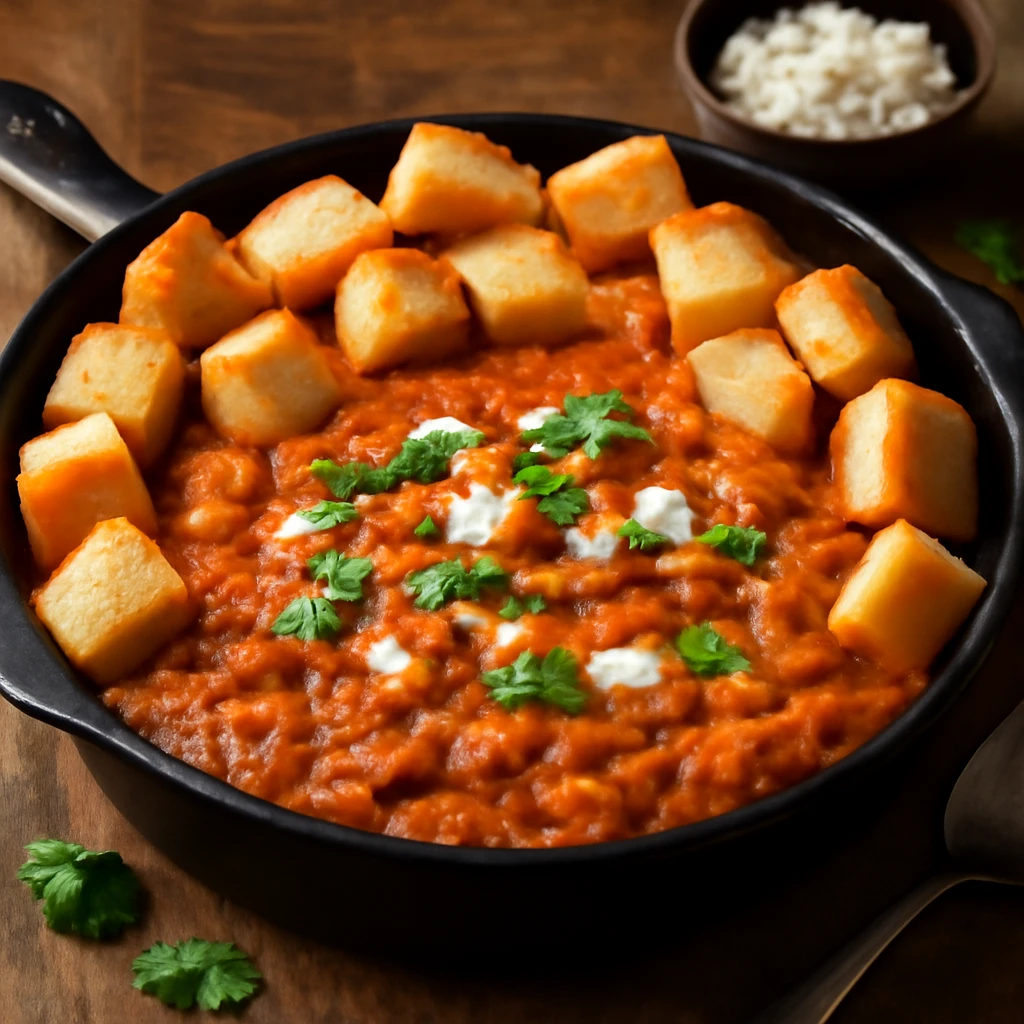 Frissen tálalt pav bhaji fondü, gazdag, fűszeres szószban és ropogós kenyérdarabokkal