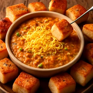 Indiai pav bhaji fondu, fűszeres zöldségekkel és sajttal