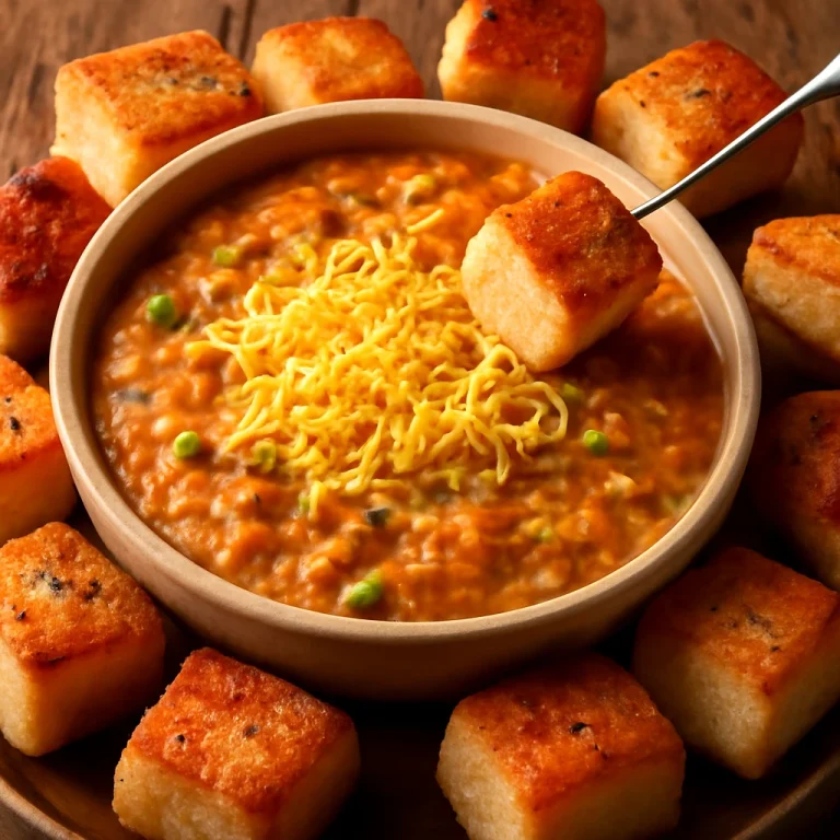 Pav bhaji fondu, reszelt cheddar sajttal tálalva