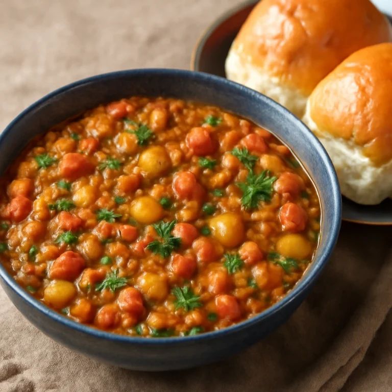 Pav bhaji khada változatban, gazdag zöldségekkel és vöröslencsével tálalva