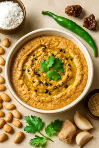 Földimogyorós chutney, készítve tamarind péppel és friss korianderrel