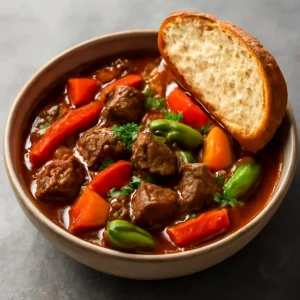 Fűszeres pepperpot marhahússal és friss kenyérrel