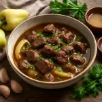 Pepperpot marhahússal, fehérboros szósszal és friss korianderrel tálalva