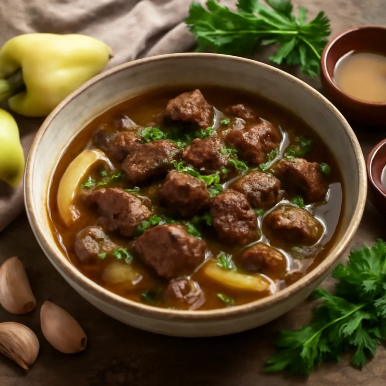 Pepperpot marhahússal, fehérboros szósszal és friss korianderrel tálalva