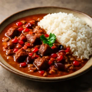 Fűszeres marhahúsos pepperpot tálalva