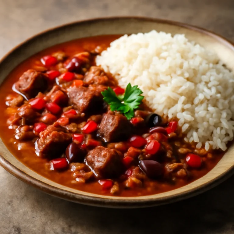 Pepperpot rizzsel, gazdag fűszeres marhahúsos étel, tálalva friss rizs kíséretében