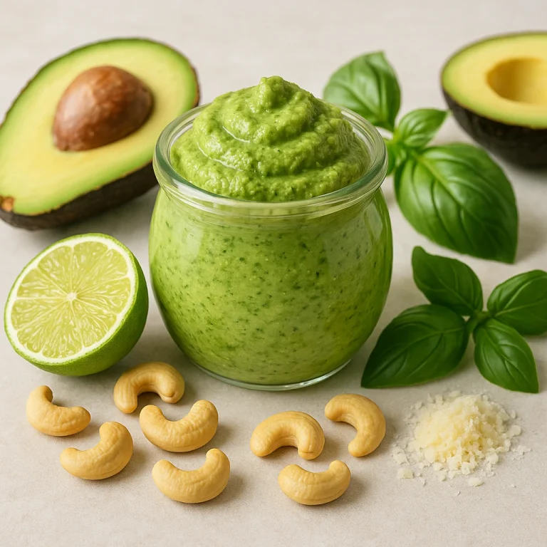 Avokádós pesto lime-mal üvegben, friss hozzávalókkal körülvéve tálalva