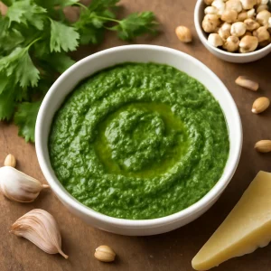 Friss pesto korianderrel és földimogyoróval, tálalva