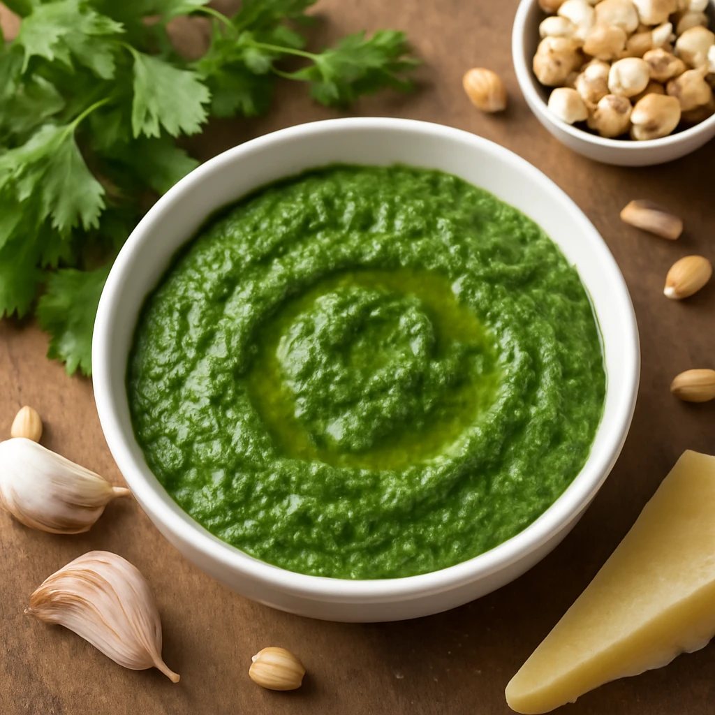 Friss pesto korianderrel Ã©s fÃ¶ldimogyorÃ³val, tÃ¡lalva