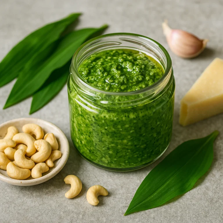 Pesto medvehagymával és kesudióval egy üvegben, friss alapanyagokkal tálalva