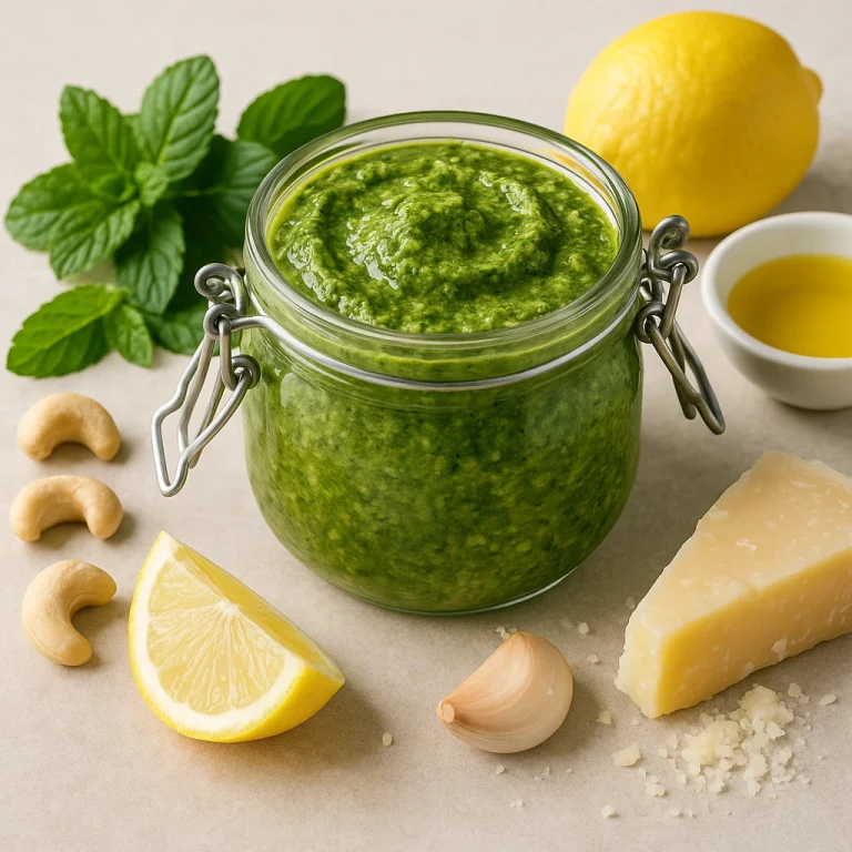 Pesto mentával és citromhéjjal üvegben tálalva, körülötte friss alapanyagokkal