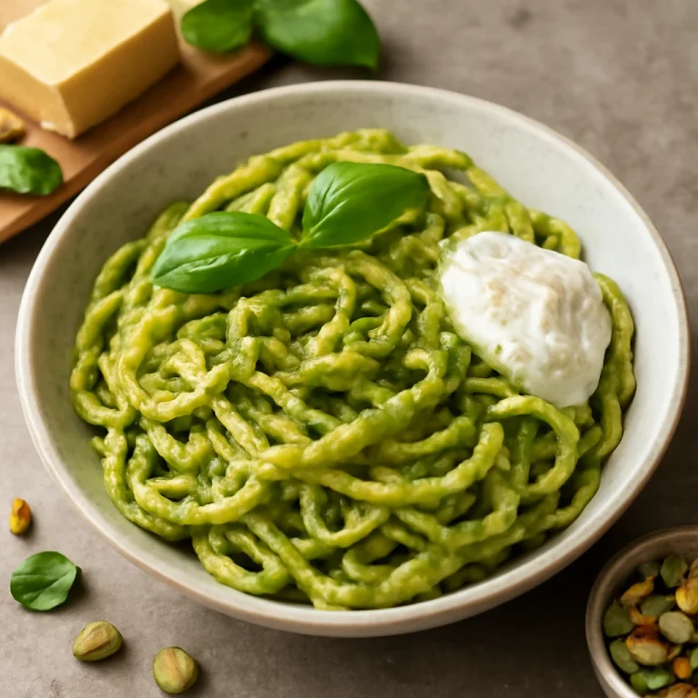Pesto pisztáciával és ricottával tálalva tésztával és friss bazsalikommal