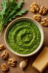 Friss pesto rukkolával és dióval tálalva