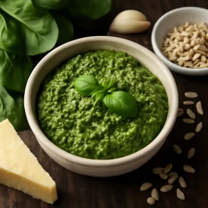 Friss pesto spenóttal, napraforgómaggal és bazsalikommal tálalva