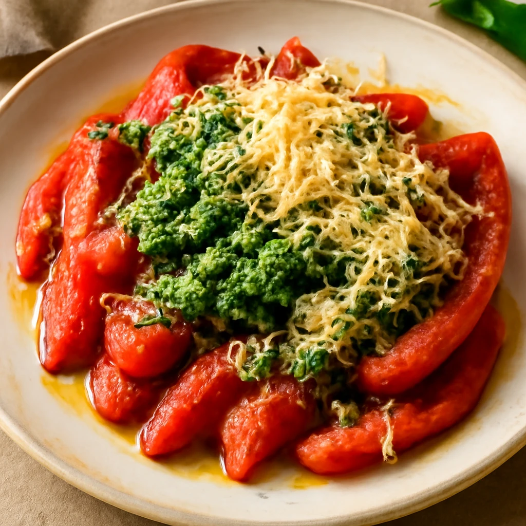 Friss pesto, sült paprika és füstölt sajt tálalva