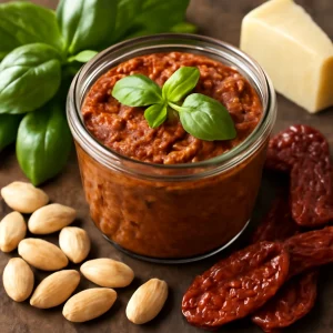 Különleges pesto, szárított paradicsommal és mandulával tálalva
