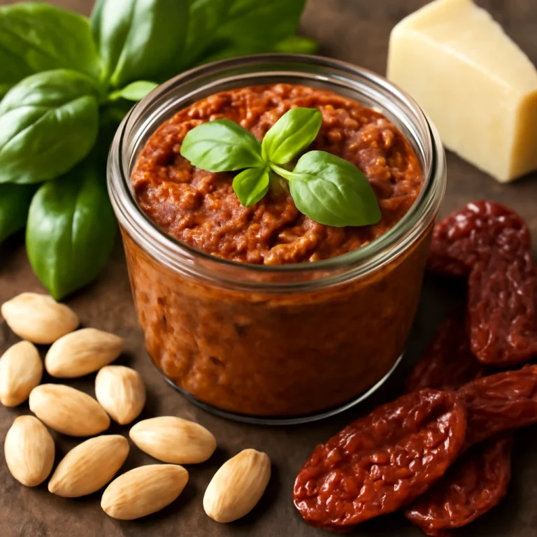 Pesto szárított paradicsommal és mandulával, friss bazsalikom díszítéssel