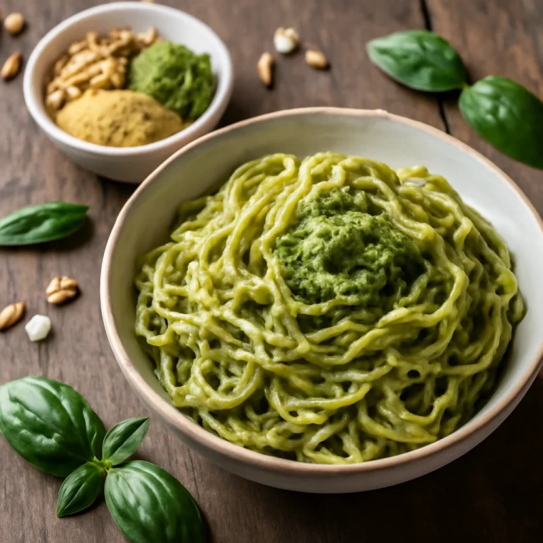 Vegán pesto sörélesztőpehellyel tálalva tésztán