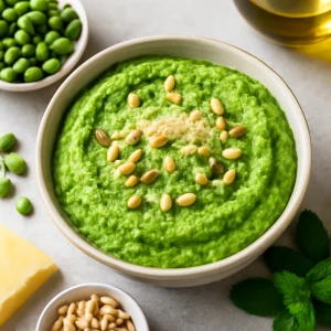 Friss pesto zöldborsóval, parmezánnal és fenyőmaggal