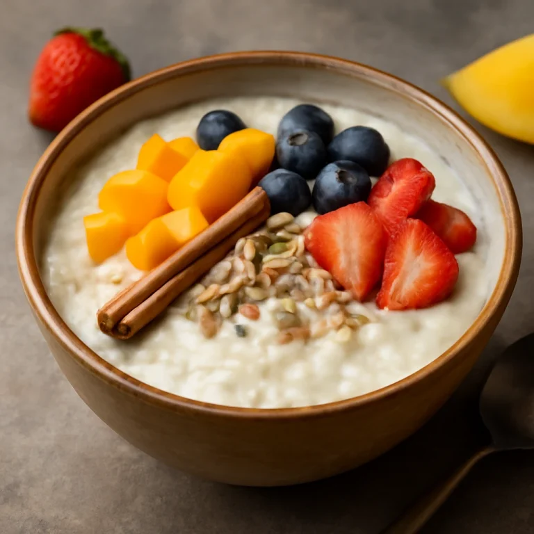 Phirni gyümölcsökkel, friss mangóval díszítve