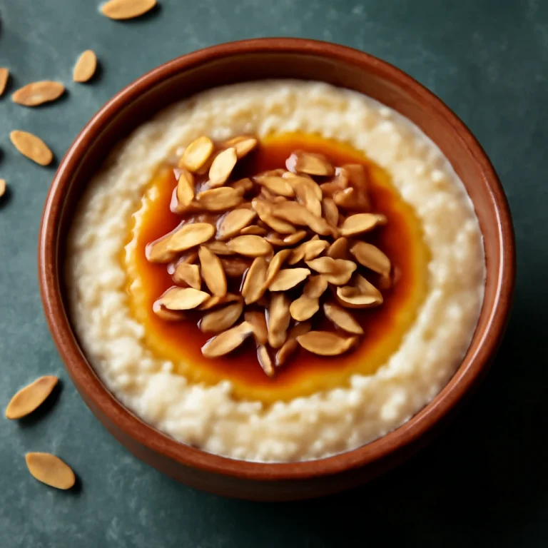 Phirni karamellel tálalva, mandulával megszórva