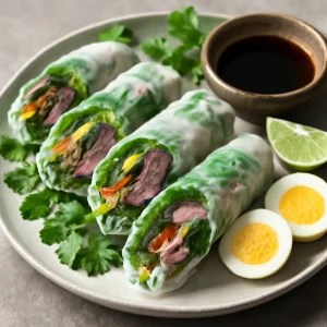 Friss Pho Cuon menta és korianderrel tálalva