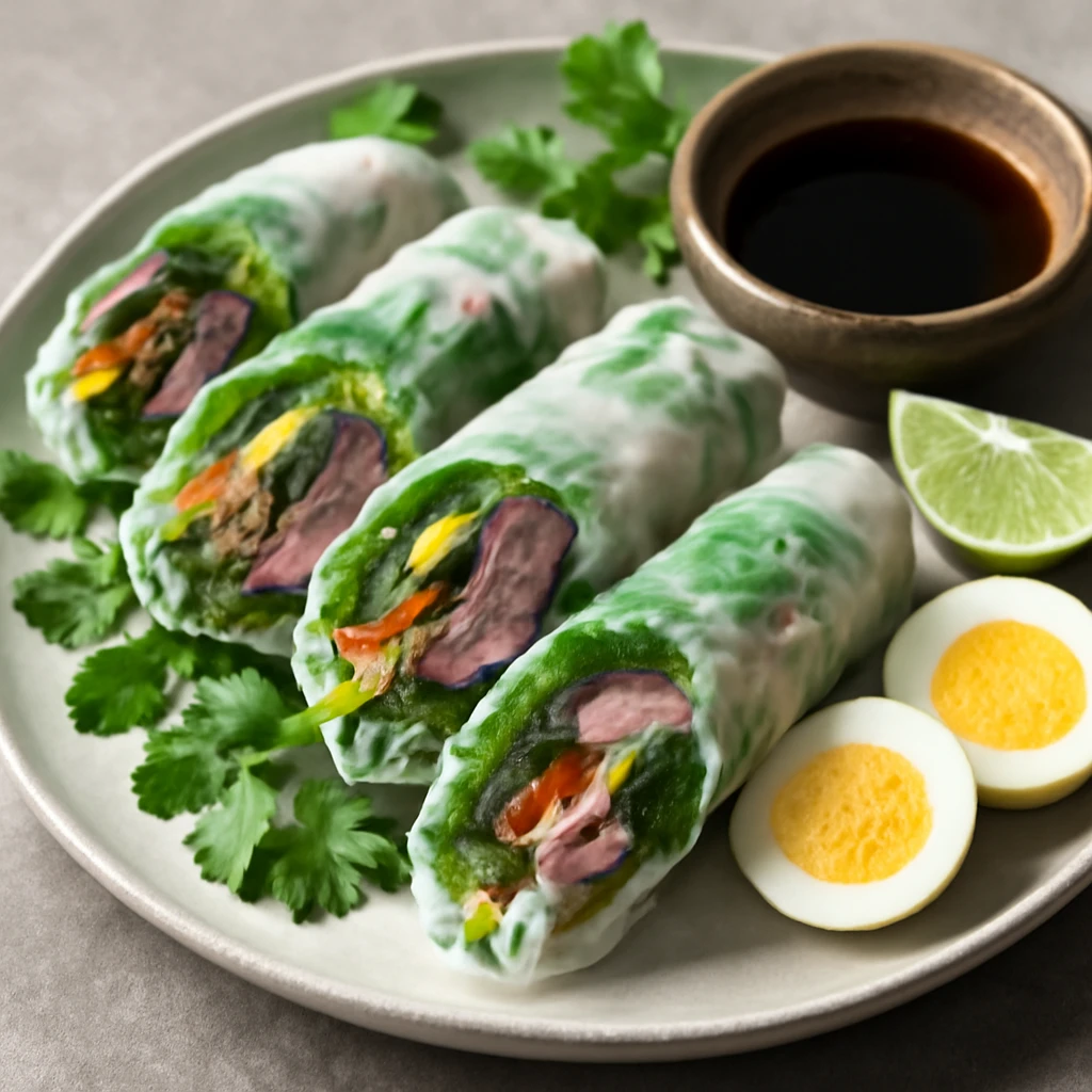 Friss Pho Cuon menta és korianderrel tálalva