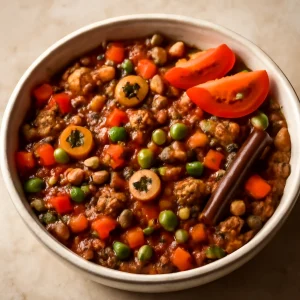 Gazdag ízekkel rendelkező picadillo, kapribogyóval tálalva
