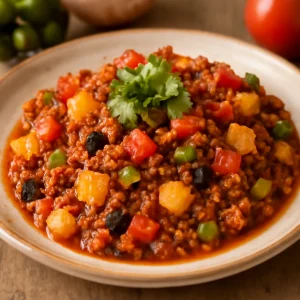 Fűszeres picadillo mazsolával, friss korianderrel díszítve