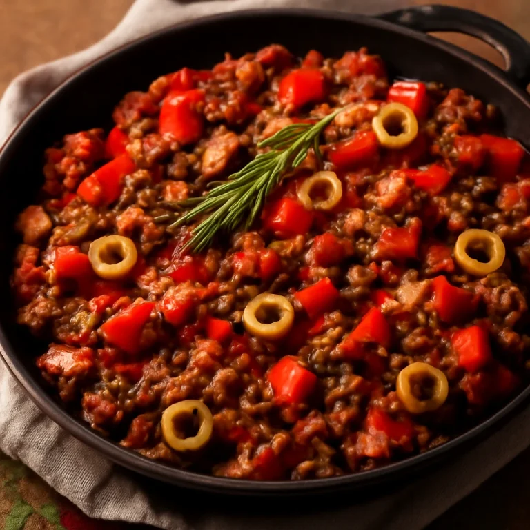 Picadillo olívabogyóval, egy tálban fűszeres darált hús és zöldségek