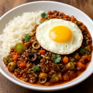 Fűszeres picadillo, tükörtojással és rizzsel