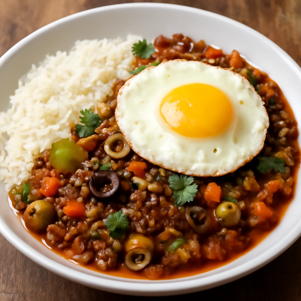 Fűszeres picadillo, tükörtojással és rizzsel