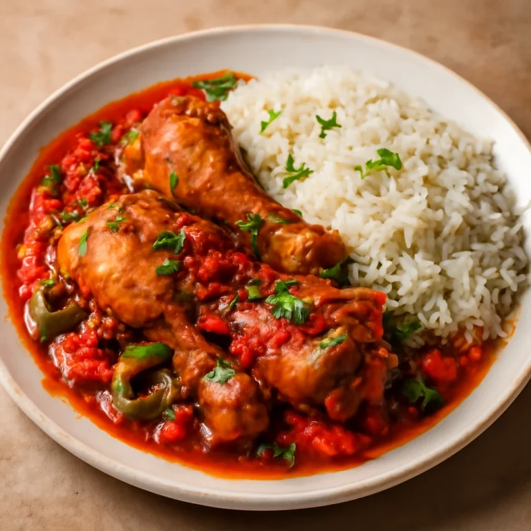 Picante de pollo con arroz, csípős csirke és friss rizs tálalva