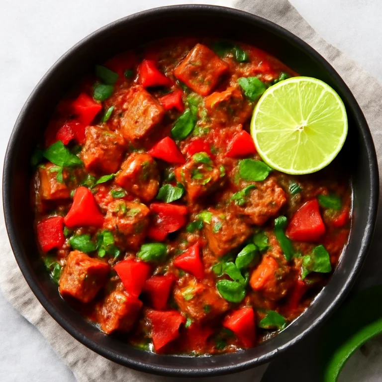 Picante de pollo vegano szejtánnal, paprikával és korianderrel tálalva