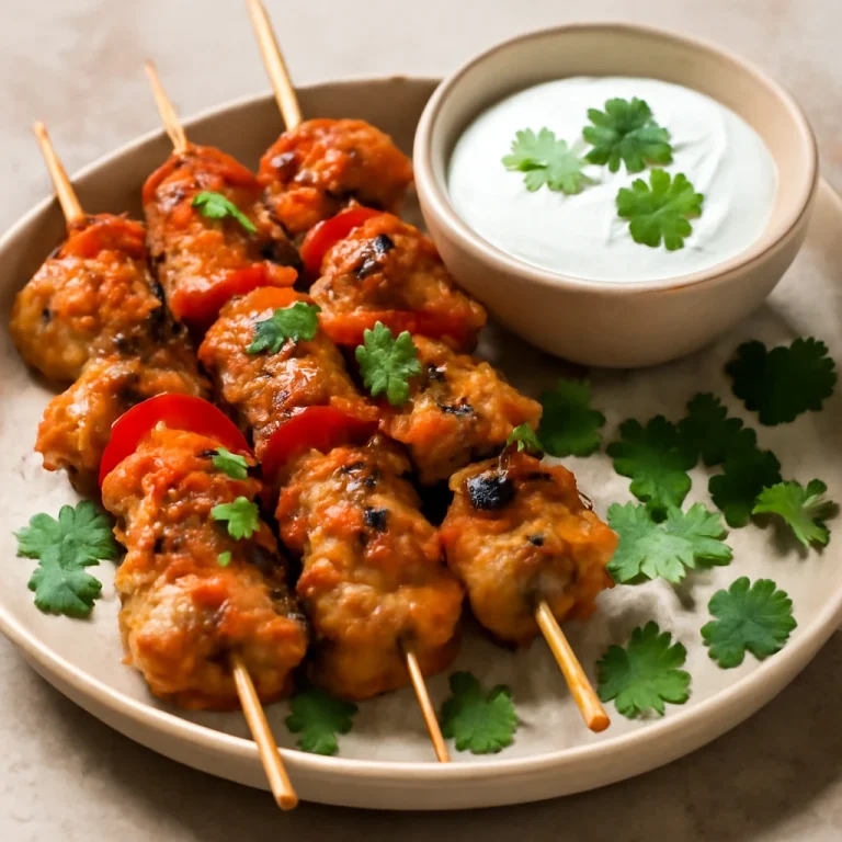Pintxo csirkével és joghurttal, egy tálon tálalva, friss korianderrel