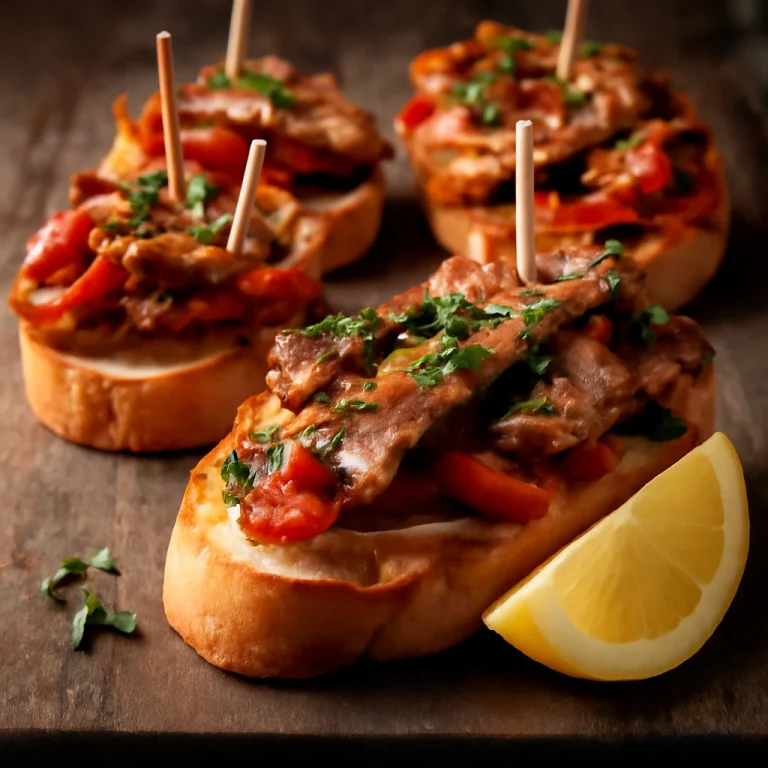 Pintxo ibériai sertéshússal, pirított kenyéren tálalva
