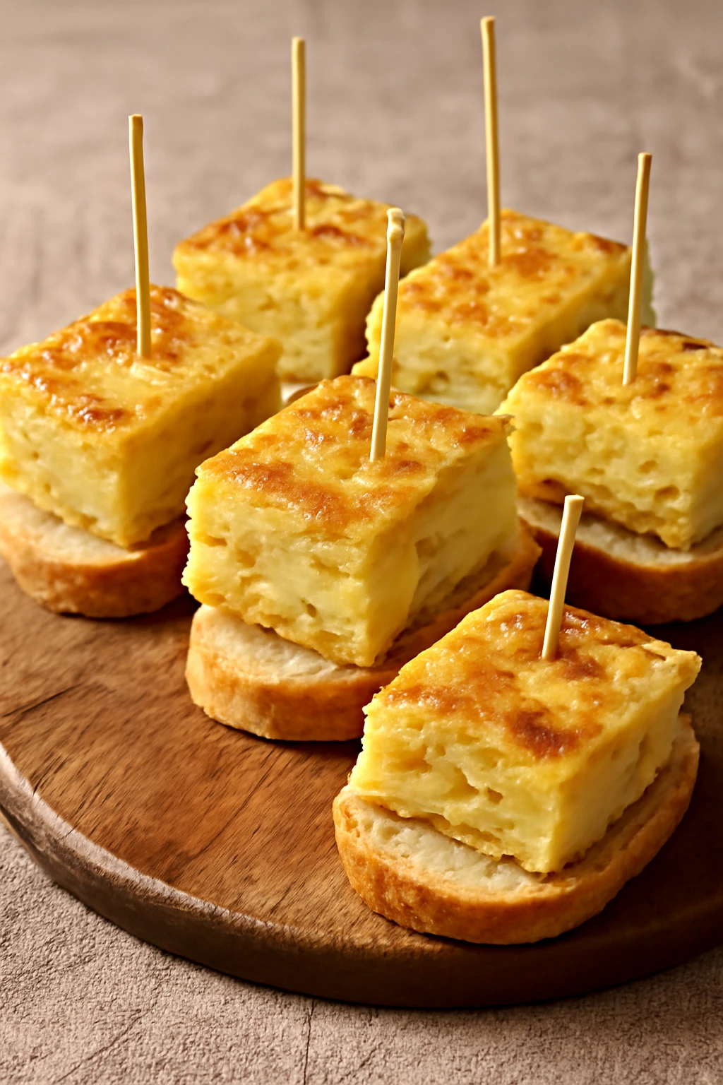 Finom spanyol tortilla krumplival, tojással és kis darabokra vágva, pintxóként tálalva