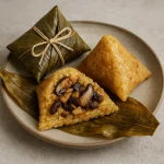 Pirított gombás zongzi kibontva, ragacsos rizses töltelékkel tálalva