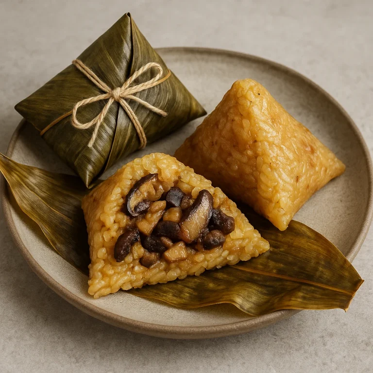 Pirított gombás zongzi kibontva, ragacsos rizses töltelékkel tálalva