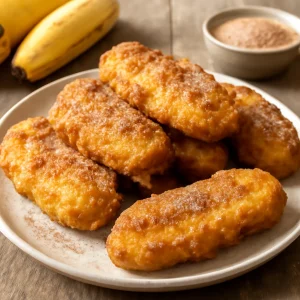 Ropogós Pisang Goreng fahéjas cukorral tálalva