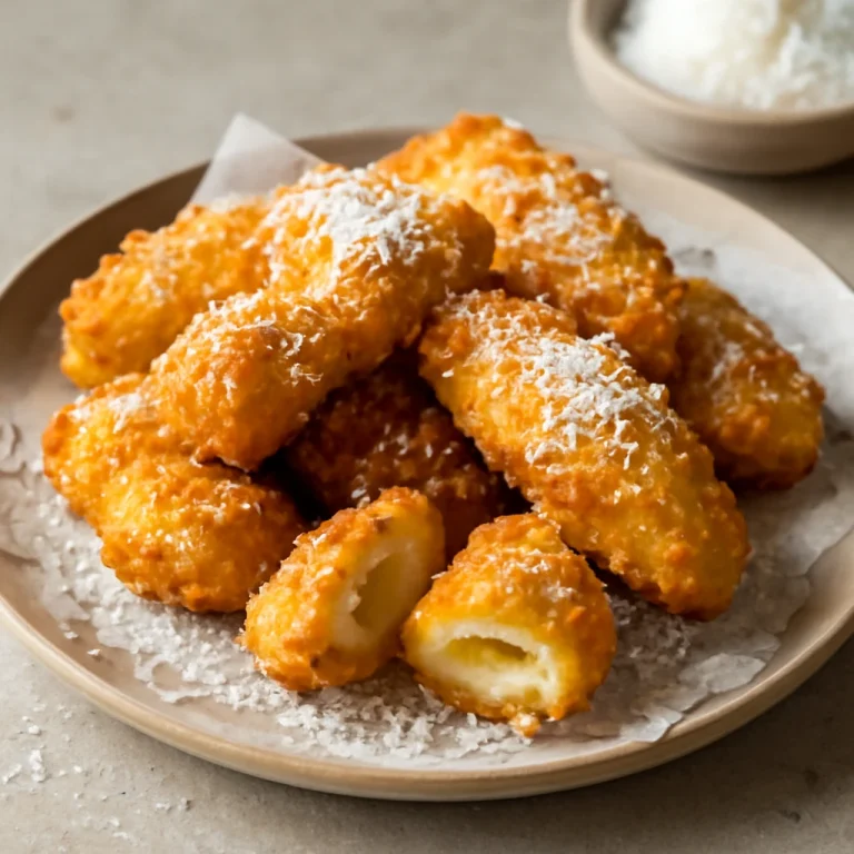 Pisang Goreng kókuszreszelékkel tálalva, ropogós, aranybarna banánfalatok