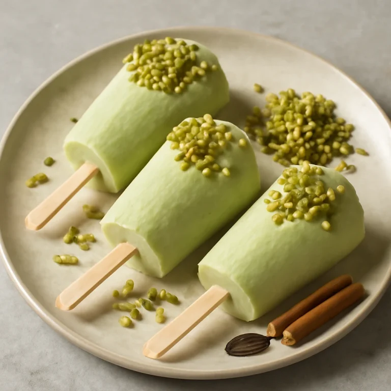 Pista kulfi, finom pisztáciás desszert, rózsavízzel és friss pisztáciával díszítve