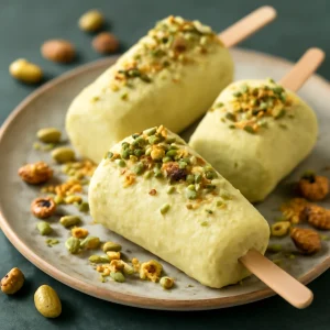 Friss, házi készítésű pistáciás kulfi, pirított pisztáciával díszítve
