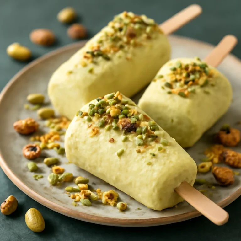 Pistáciás kulfi tálalva, pirított pisztáciával
