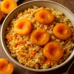 Plov barackkal, egy édes és fűszeres étel, barackkal tálalva