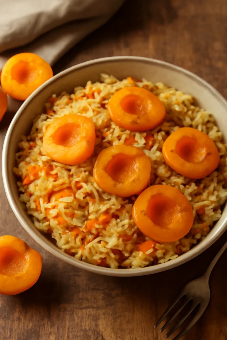 Plov barackkal, egy édes és fűszeres étel, barackkal tálalva